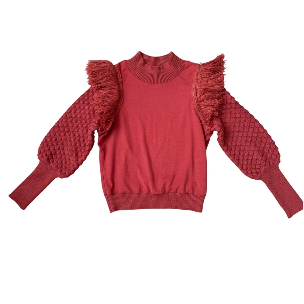 Dolan Left Coast Anthropologie Rust Fringe Sweater XS | Puff Sleeve Fall Top - Picture 6 of 10